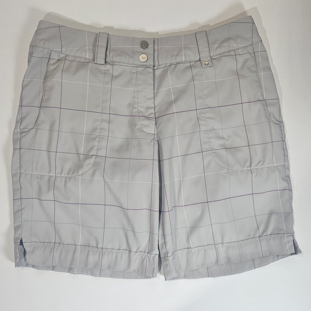 Nike Golf Shorts Womens Medium Bermudas Grey Purple Striped Dri-Fit Activewear